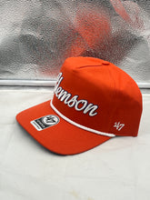 Load image into Gallery viewer, Clemson Tigers NCAA '47 Brand Orange Script Rope Hitch Adjustable Snapback Hat displayed on a solid background, showcasing its vibrant orange color and classic trucker style.