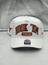 Load image into Gallery viewer, Texas Longhorns NCAA '47 Brand White Script Rope Hitch Adjustable Hat displayed on a mannequin, highlighting its stylish design and Texas Longhorns script logo, perfect for game day or everyday wear.