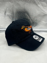 Load image into Gallery viewer, Baltimore Orioles MLB '47 Brand Throwback Black Clean Up Adjustable Hat side view highlighting the adjustable strap and vintage style.