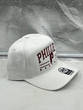 Load image into Gallery viewer, Side view of the Philadelphia Phillies MLB '47 Brand White Roscoe Hitch Adjustable Snapback Hat highlighting the adjustable snapback feature.