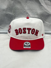 Load image into Gallery viewer, Boston Red Sox MLB '47 Brand White TT Script Hitch Adjustable Snapback Hat displayed from the front, showcasing the embroidered team logo.