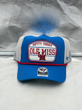 Load image into Gallery viewer, Ole Miss Rebels NCAA '47 Brand Blue Mesh Hitch Rope Adjustable Snapback Hat featuring vibrant blue color, trendy rope detail, and breathable mesh back for maximum comfort.