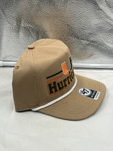 Load image into Gallery viewer, Miami Hurricanes NCAA '47 Brand Khaki Hitch Rope Adjustable Snapback Hat front view showcasing the stylish rope accent and logo.