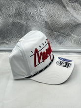 Load image into Gallery viewer, Close up of Maryland Terrapins NCAA '47 Brand White Hitch Rope Adjustable Snapback Hat highlighting the rope detailing and adjustable snapback feature.