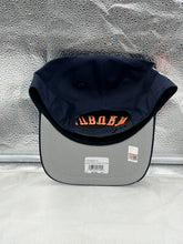 Load image into Gallery viewer, Side view of Auburn Tigers NCAA '47 Brand Navy Reversed Hitch Script Adjustable Snapback Hat highlighting the script design.