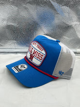 Load image into Gallery viewer, Ole Miss Rebels NCAA '47 Brand Blue Mesh Hitch Rope Adjustable Snapback Hat displayed on a mannequin head, showcasing the vibrant blue color and trendy rope detail.