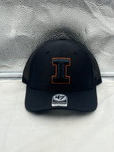 Load image into Gallery viewer, Illinois Fighting Illini NCAA '47 Brand Black Trucker Adjustable Snapback Hat displayed from the front showcasing the iconic logo.