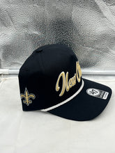 Load image into Gallery viewer, New Orleans Saints NFL '47 Black Rope Hitch Snapback Adjustable Hat displayed at an angle, showcasing the stylish black color and unique rope accent.
