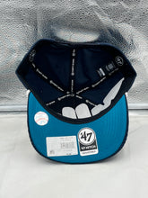 Load image into Gallery viewer, Close-up of Seattle Mariners MLB '47 Brand Blue Corduroy Hitch Rope Adjustable Snapback Hat featuring adjustable snapback closure and retro rope detail.