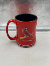 Load image into Gallery viewer, Detail view of the St. Louis Cardinals MLB Red Logo Brands 14oz Mug featuring ergonomic design and comfortable handle, ideal for enjoying beverages.