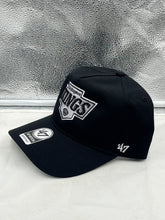 Load image into Gallery viewer, Close-up of the Los Angeles Kings NHL '47 Brand Black Hitch Adjustable Snapback Hat, highlighting its detailed stitching and adjustable snapback feature.