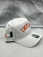 Load image into Gallery viewer, Miami Hurricanes NCAA '47 White Reversed Hitch Script Adjustable Snapback Hat displaying stylish design and prominent team logo.