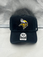 Load image into Gallery viewer, Minnesota Vikings NFL '47 Brand Black Clean Up Strapback Adjustable Hat showcasing the iconic team logo and stylish design.