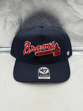 Load image into Gallery viewer, Atlanta Braves MLB '47 Brand Navy Hitch Adjustable Snapback Hat - Front View, showcasing the logo and design of the Atlanta Braves hat.