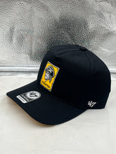 Load image into Gallery viewer, Stylish Pittsburgh Pirates MLB '47 Brand Throwback Black Hitch Adjustable Snapback Hat on a model showcasing its adjustable fit and timeless design.