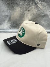 Load image into Gallery viewer, Side view of the Boston Celtics NBA '47 Brand Natural Two Tone Hitch Adjustable Snapback Hat highlighting the adjustable closure for a customizable fit.