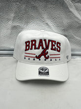 Load image into Gallery viewer, Atlanta Braves MLB '47 Brand White Roscoe Hitch Adjustable Snapback Hat, featuring a bold Braves logo, perfect for showing team spirit as an Atlanta Braves hat.