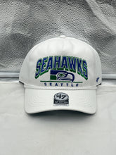 Load image into Gallery viewer, Seattle Seahawks NFL '47 Brand Throwback White Hitch Snapback Adjustable Hat showcasing the team logo and vibrant colors, perfect for game day support.