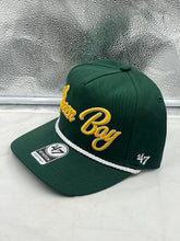 Load image into Gallery viewer, Side view of the Green Bay Packers NFL '47 Brand Green Script Rope Hitch Snapback Adjustable Hat, highlighting adjustable snapback closure and stylish rope detail.