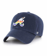 Load image into Gallery viewer, Atlanta Braves Pride hat - Atlanta Braves MLB '47 Brand Navy Rainbow Pride Clean Up Adjustable Hat, front view