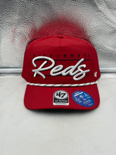 Load image into Gallery viewer, Cincinnati Reds MLB '47 Brand Red Script Hitch Rope Adjustable Snapback Hat showcasing the vibrant red color and stylish design, a must-have Cincinnati Reds hat for fans.