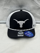 Load image into Gallery viewer, Texas Longhorns NCAA '47 Brand Black Trucker Rope Adjustable Snapback Hat front view showcasing the iconic logo.