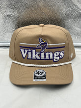 Load image into Gallery viewer, Minnesota Vikings NFL '47 Khaki Script Hitch Rope Snapback Adjustable Hat showcased from the front view, featuring iconic script logo and khaki color.