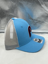 Load image into Gallery viewer, Philadelphia Phillies MLB '47 Throwback Blue Trucker Snapback Adjustable Hat showcasing classic retro design with the iconic Phillies logo, perfect for baseball fans.
