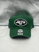 Load image into Gallery viewer, New York Jets NFL '47 Brand Green Clean Up Strapback Adjustable Hat showcasing the iconic team logo in vibrant green fabric.