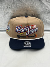 Load image into Gallery viewer, Yankees Vs Padres 1998 World Series Dueling MLB '47 Khaki Hitch Adjustable Hat showing detailed embroidery of team logos.
