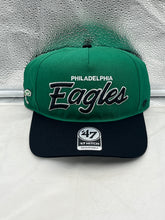 Load image into Gallery viewer, Philadelphia Eagles NFL '47 Throwback Green Script Hitch Snapback Adjustable Hat showing the front view with bold Eagles script logo.