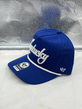 Load image into Gallery viewer, Close-up view of the Kentucky Wildcats NCAA '47 Blue Script Rope Hitch Adjustable Snapback Hat, highlighting the adjustable snapback fit and retro rope detail.