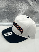 Load image into Gallery viewer, Close-up of the San Francisco Giants MLB '47 Brand White TT Script Hitch Adjustable Snapback Hat showing the adjustable snapback feature and fabric texture.