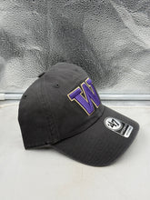 Load image into Gallery viewer, Washington Huskies NCAA '47 Brand Gray Clean Up Adjustable Strapback Hat, showcasing the classic logo and comfortable fit, perfect for game day or casual outings.