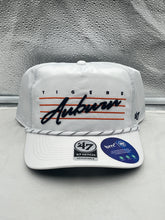 Load image into Gallery viewer, Auburn Tigers NCAA '47 Brand White Hitch Rope Adjustable Snapback Hat showcasing the iconic team logo and stylish rope accent, designed for comfortable fit during game days and casual outings.
