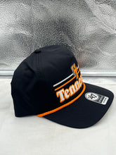 Load image into Gallery viewer, Tennessee Volunteers NCAA '47 Brand Black Rope Hitch Adjustable Snapback Hat displayed on a table, illustrating its trendy black rope detail.