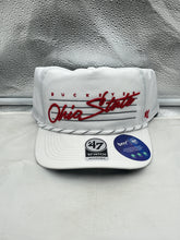 Load image into Gallery viewer, Ohio State Buckeyes NCAA '47 Brand White Script Hitch Adjustable Snapback Hat displayed on a mannequin showcasing its stylish design and adjustable snapback feature.