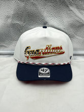 Load image into Gallery viewer, Cleveland Guardians MLB '47 Brand White USA Script Rope Hitch Adjustable Hat showcasing its stylish design and adjustable strap for all head sizes.