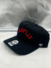 Load image into Gallery viewer, Close-up view of the Atlanta Falcons NFL '47 Brand Black Reversed Script Hitch Snapback Adjustable Hat featuring the iconic reversed script logo for Atlanta Falcons hat enthusiasts.