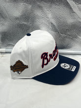 Load image into Gallery viewer, Atlanta Braves MLB '47 Brand White TT Script Hitch Adjustable Snapback Hat displayed from the front, showcasing the iconic TT Script logo and stylish design.
