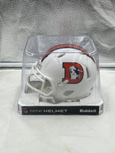 Load image into Gallery viewer, Close-up view of the Denver Broncos NFL Riddell Speed White Alternate Replica Mini Helmet highlighting the detailed logo and authentic construction.