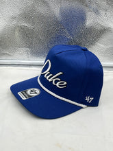 Load image into Gallery viewer, Duke Blue Devils NCAA '47 Brand Blue Script Hitch Rope Adjustable Snapback Hat displayed at an angle, showcasing the vibrant blue color and iconic logo.