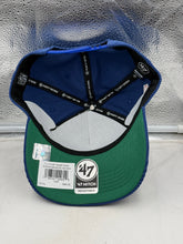 Load image into Gallery viewer, Flat lay of the Denver Broncos NFL '47 Throwback Corduroy Blue Hitch Snapback Adjustable Hat, perfect for showcasing style and team pride.