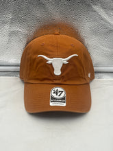 Load image into Gallery viewer, Texas Longhorns NCAA '47 Brand Orange Clean Up Adjustable Strapback Hat displayed on a neutral background, showcasing vibrant orange color and iconic logo.