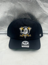 Load image into Gallery viewer, Anaheim Ducks NHL '47 Brand Throwback Black Hitch Adjustable Snapback Hat showcasing classic design, quality materials, and iconic team logo, perfect for hockey fans.