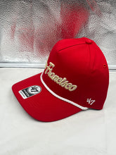 Load image into Gallery viewer, San Francisco 49ers NFL '47 Brand Red Script Hitch Rope Snapback Adjustable Hat displayed with adjustable snapback for customizable fit.
