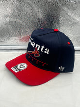 Load image into Gallery viewer, Close-up view of the Atlanta Braves MLB '47 Brand Blue Two Tone Hitch Adjustable Snapback Hat, highlighting the iconic Braves logo, ideal for fans looking for an Atlanta Braves hat.