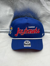 Load image into Gallery viewer, Kansas Jayhawks NCAA '47 Brand Blue Script Hitch Rope Adjustable Snapback Hat showcasing team spirit with vibrant blue color and unique hitch rope design, perfect for game days and casual outings.