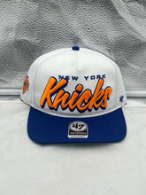 Load image into Gallery viewer, New York Knicks NBA '47 Brand White TT Script Hitch Adjustable Snapback Hat showcasing team pride and stylish design with adjustable fit for fans.