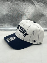 Load image into Gallery viewer, Side view of the New York Yankees MLB '47 Brand White Pinstripe Hitch Snapback Adjustable Hat demonstrating its adjustable snapback strap and stylish silhouette.